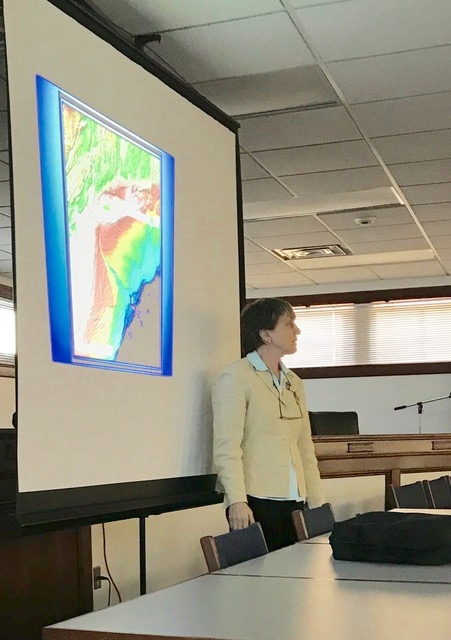A woman poses in front of a projection screen